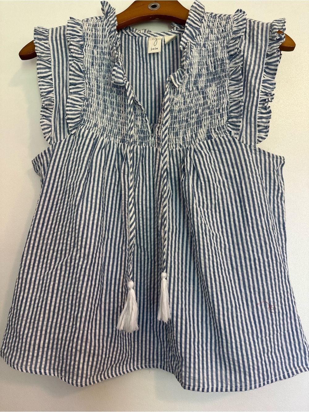 Joie Blue and White Striped Ruffle-Sleeve Smocked Camisole